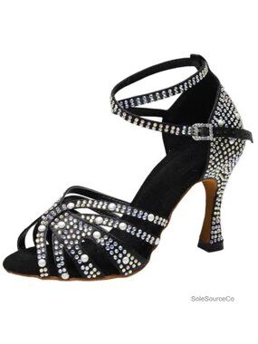 Women's Satin Rhinestone Latin Dance Shoes, 3" Heel Salsa Bachata Ballroom